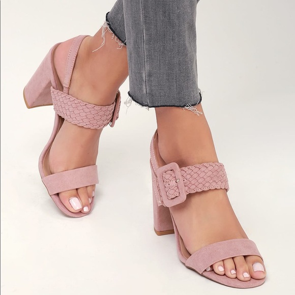 Qupid Shoes - Dusty Rose Braided Suede Block Heel Sandals